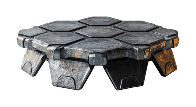 Industrial hexagonal coffee table design modern living room furniture top view. Isolated on transparent background, png.