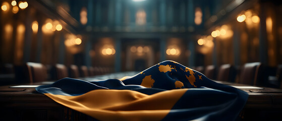 Ukrainian Flag on a Table in a Grand Hall