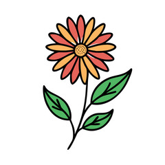 Simple Stylized Sunflower Illustration with Green Leaves, Black Background