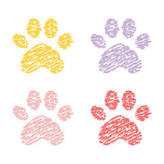Colorful crayon paw prints set. Hand-drawn textured animal footprints in yellow, purple, red, and pink. Perfect for kids design, pet themes, education, and creative projects © Mirikiteki