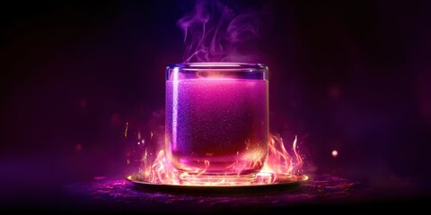 A glass of purple liquid with a flame on top of it