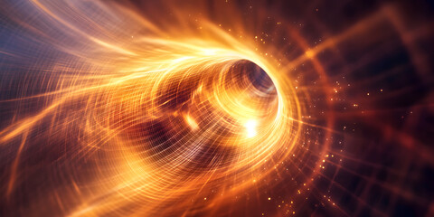 Abstract visualization of a swirling light tunnel with dynamic orange and gold energy streams, resembling a wormhole or time portal in deep space