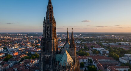 Naklejka premium Aerial View of City with Tall Church Spire at Dusk