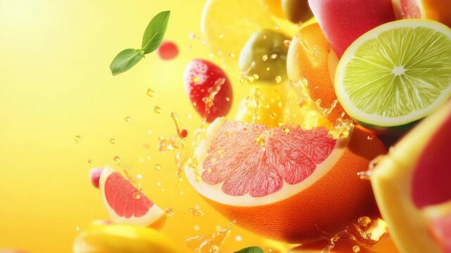 Fresh fruit explosion with vibrant colors and splashes of juice in a bright setting