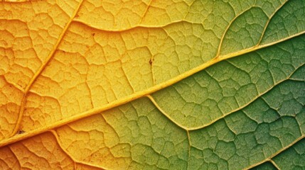 Obraz premium Autumnal leaf's intricate vein structure displays vibrant color gradients.