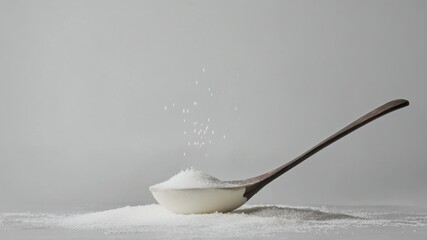 A white wooden spoon filled with sugar with grains falling around it.