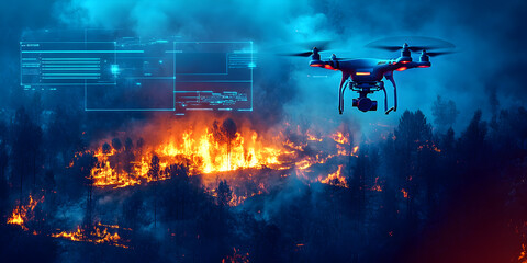 Drone monitoring wildfire with digital data overlay