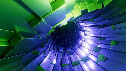 3D rendering. Abstract blue and green geometric background of a funnel hole or tunnel entrance