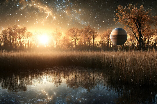 Golden sunrise over a tranquil alien landscape.