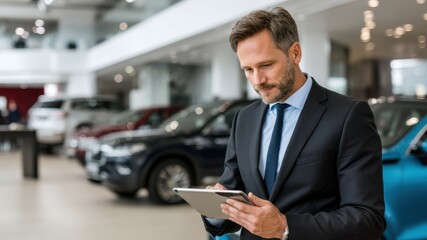 Fototapeta premium Man in suit holding tablet with cars in background at car dealership.