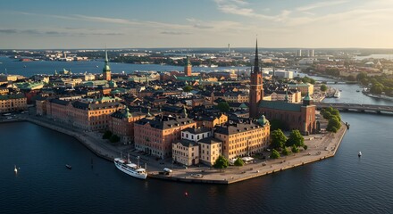 Obraz premium Aerial View of Cityscape with Historic Buildings and Waterways