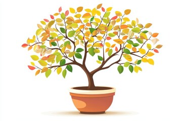 Colorful Autumn Tree Illustration in a Clay Pot on White Background