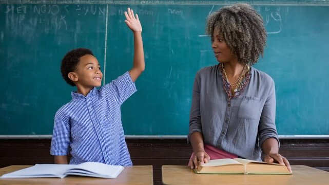 Elementary Pupil Raises Hand to Answer During Class Session Generative AI