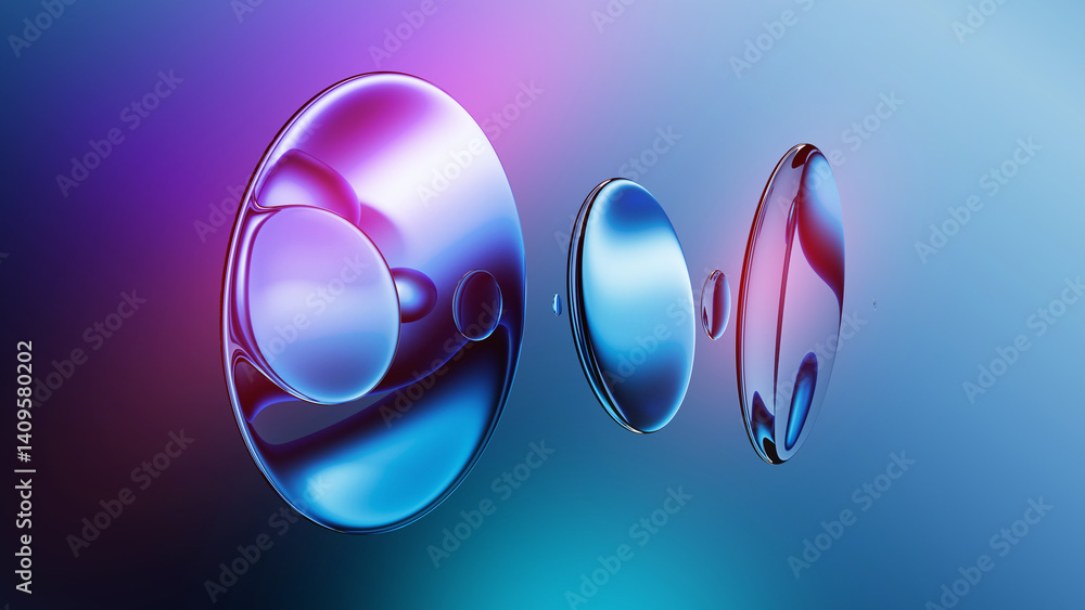 Poster 3d rendering. round glass lenses with reflective surface floating on air. futuristic abstract backgr