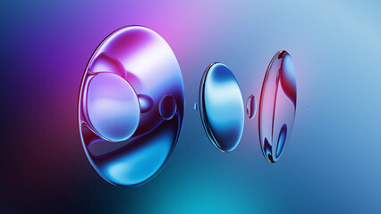 3d rendering. Round glass lenses with reflective surface floating on air. Futuristic abstract...
