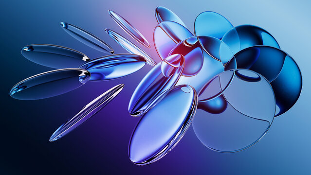 3d rendering. Abstract futuristic background featuring round lenses. Modern aesthetic concept, in shades of blue and purple