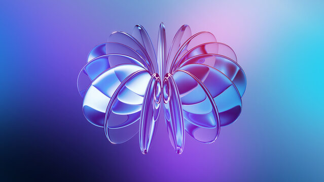 3d rendering. Abstract futuristic background featuring round lenses forming torus shape. Modern aesthetic concept, in shades of blue and purple
