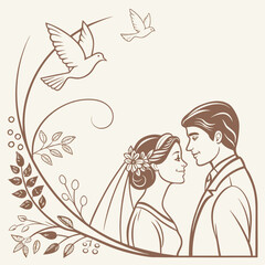 Romantic Wedding Invitation Design with Soft Neutral Colors, Hand-Drawn Couple, Florals, and Doves