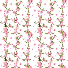 Seamless pattern with Sakura branches, pink flowers and green leaves. Spring garden clipart. Floral background on white. Blooming cherry tree. Hand-drawn watercolor illustration