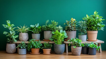 Potted Houseplants on Wooden Shelf, A variety of potted houseplants on a wooden shelf against a green wall
