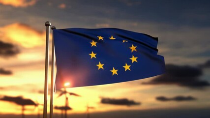 European Union flag waving against a sunset backdrop with wind turbines in the distance - Powered by Adobe