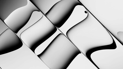 3d rendering. Illustration of a refraction of water bubbles in glass. An abstract diagonal composition featuring flowing shapes in black and white gradient