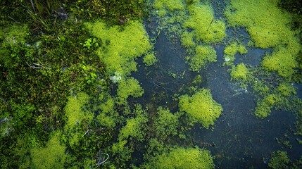 Vibrant green moss and algae covering dark water surface lush natural texture background image bog