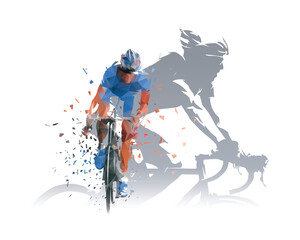Cycling sport collage, double exposure of road cyclists, isolated vector low poly illustration with dispersion effect