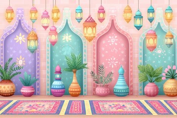 Pastel Lanterns and Patterned Arches in a Whimsical Room Setting