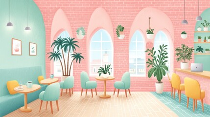 Fototapeta premium Pastel Pink and Green Cafe Interior with Arched Windows and Potted Plants