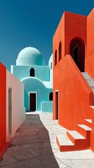 Sun-drenched alleyway with vibrant teal and terracotta buildings, featuring arched doorways and stone steps
