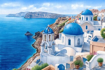 Picturesque Coastal Village Watercolor Painting Blue Domes and Whitewashed Buildings Overlooking Calm Sea