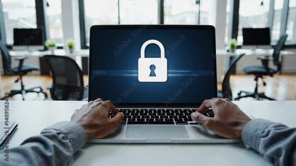Aufkleber Office worker is securing data, typing on laptop keyboard with digital lock interface, enhancing cybersecurity and protecting sensitive information in modern workplace