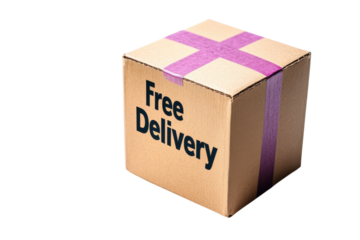 Free Delivery cardboard box package on black background with purple on transparent background