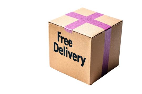 Free Delivery cardboard box package on black background with purple on transparent background