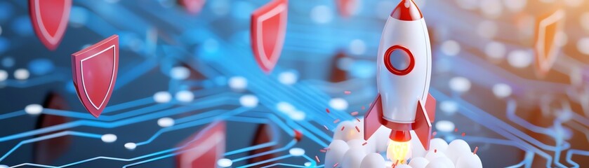 rocket icon surrounded by shields lifting off from foundation of data