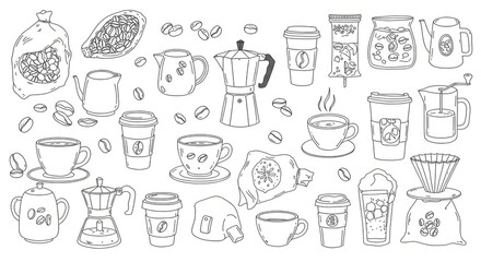 Coffee Drink Collection Line Art Illustration Black And White Sketch