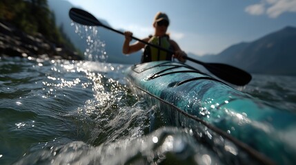 Candid photograph of a person kayaking, action shot, with clear water and mountains in the background, energetic composition, with bright daylight lighting