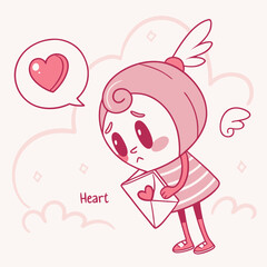 Shy Heart Character Sending a Love Letter with Tiny Wings