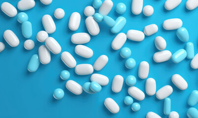 white pill falling on a blue background,
