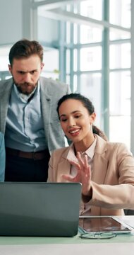 Office, business people and financial advisor with laptop for discussion, audit meeting and finance information. Boardroom, accountants and consultant with tech for revenue report, investment or team