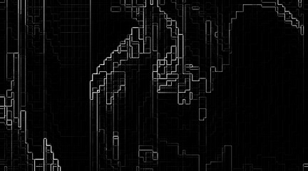 Abstract noise grainy blur black digital background with intricate white neon lines forming angular circuit-like shapes, evoking a futuristic tech-inspired network or electronic schematic design.