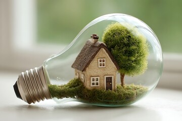 The image depicts a miniature dwelling enclosed in a transparent bulb. A tiny tree stands adjacent to the dwelling. The dwelling is elevated above some vegetation.