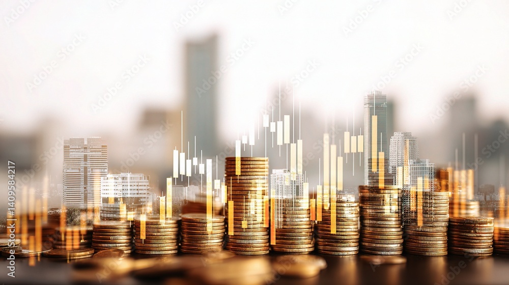 Poster dynamic city skyline with financial graphs overlapping coin stacks