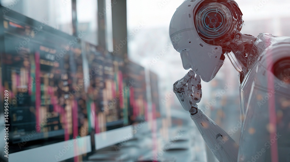 Poster futuristic robot analyzing data at computer desk in modern office