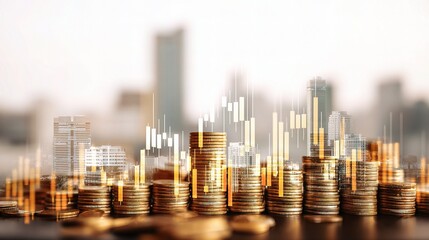 Dynamic City Skyline with Financial Graphs Overlapping Coin Stacks