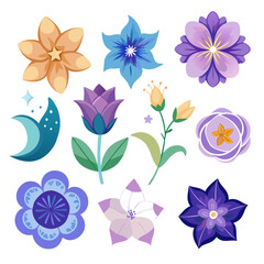 Colorful Vector Floral Set with Moon and Star