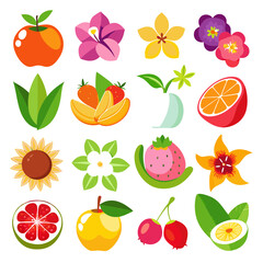 Colorful Flat Fruits and Flowers Isolated on White