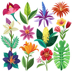 Exotic flowers and tropical leaves vector illustration set