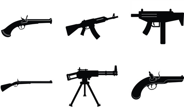 Firearms Vector Collection &ndash; Gun and Weapon Illustration Set like Machine Gun, Carbine, Musket, Flintlock Pistol, Blunderbuss and Derringer